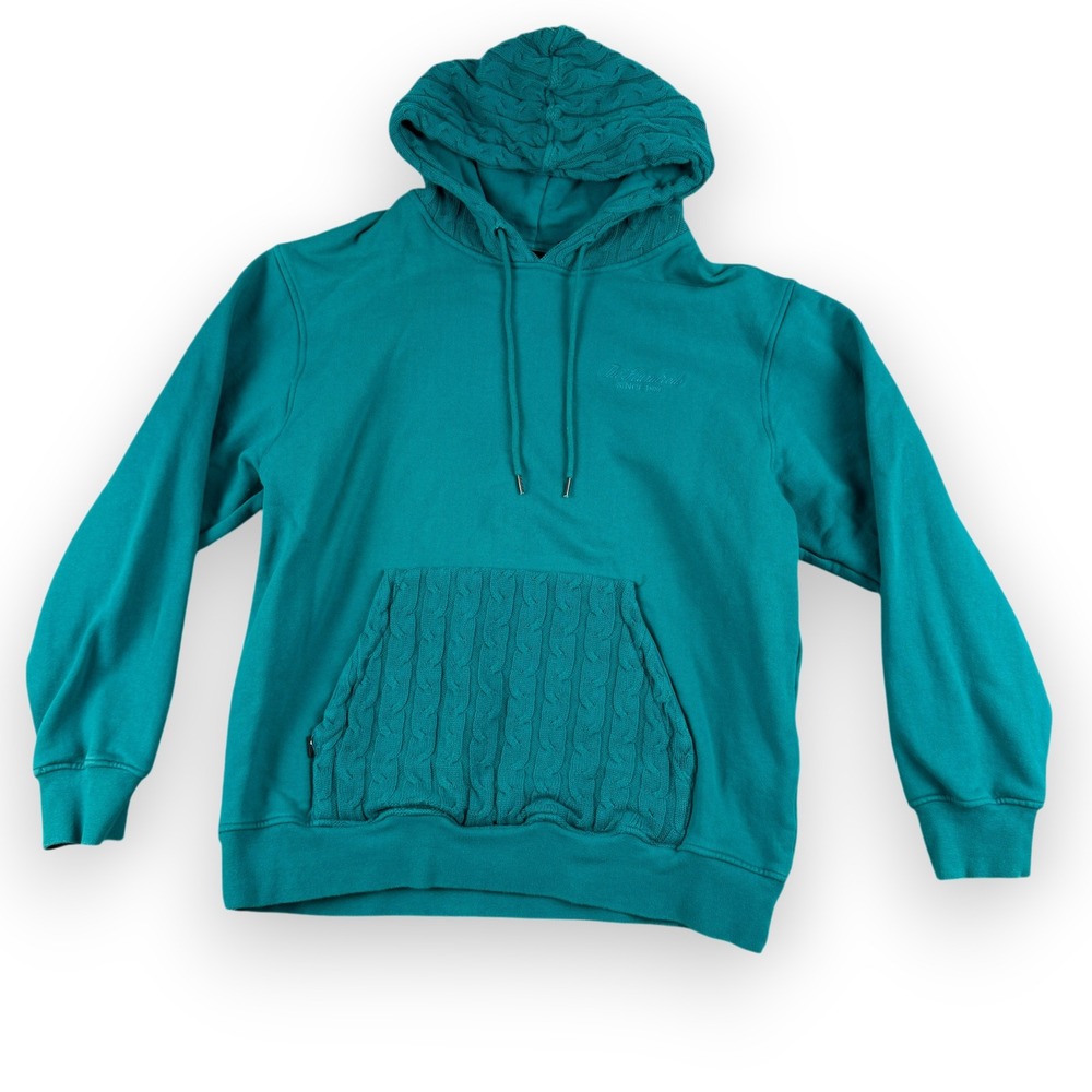 The Hundreds Cable Knit Hoodie Mens L Teal Texture Kangaroo Pocket Embroidery
